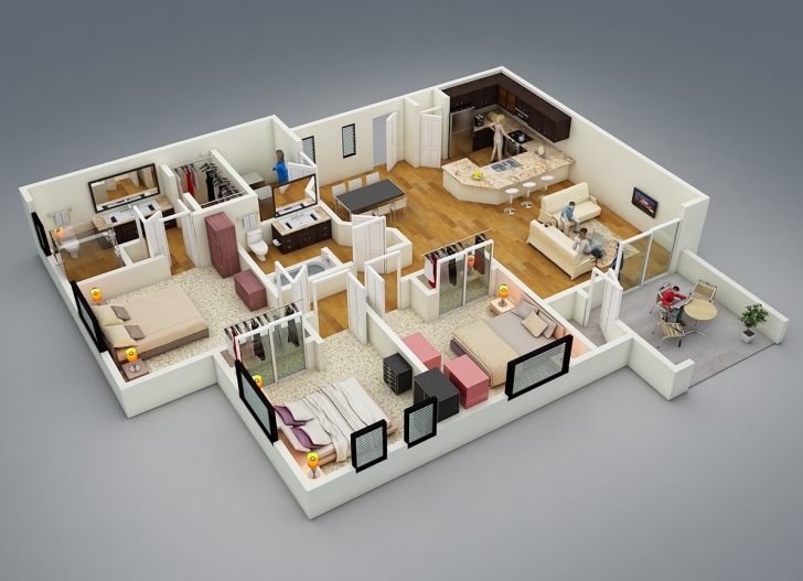Amazing 25 More 3 Bedroom 3D Floor Plans | 3D, Bedrooms And 3D Interior Design Simple House Plan With 3 Bedrooms 3D Picture