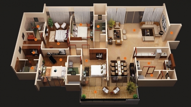 Amazing Four Bedroom House Plans | Homes In Kerala, India Simple One Story 3 Bedroom 3D House Plans Pic