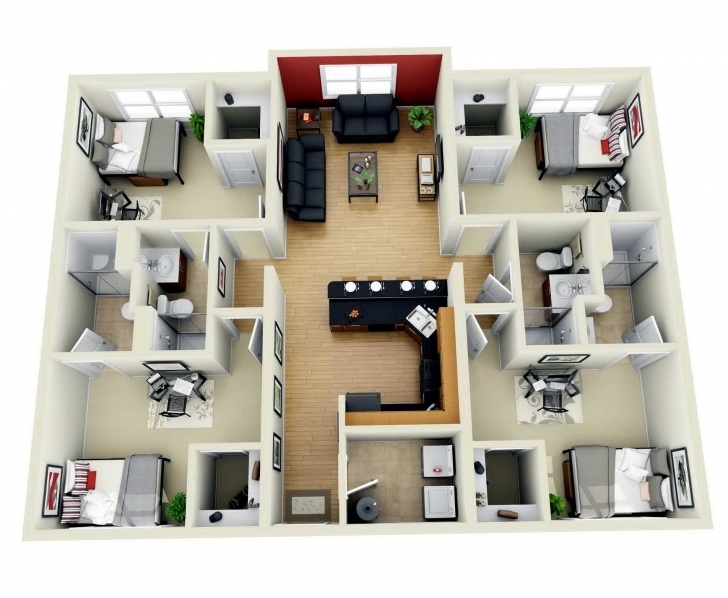Astonishing Fabulous 4 Bedroom House Floor Plan Design 3D With Plans 3D 4 Bedroom House Plans One Story Image