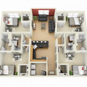 4 Bedroom 1 Story House Plans 3D