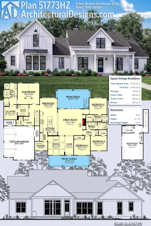 Awesome Plan 51773Hz: 4-Bed Modern Farmhouse With Bonus Over Garage Modern Farmhouse Plans With Pictures Image