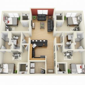 3D 4 Bedroom House Plans One Story