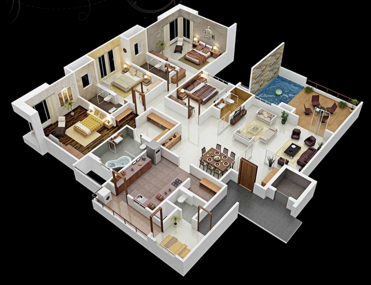 Classy 4 Bedroom 3D House Plans Indian Style — House Style And Plans Simple House Plan With 4 Bedrooms 3D Photo