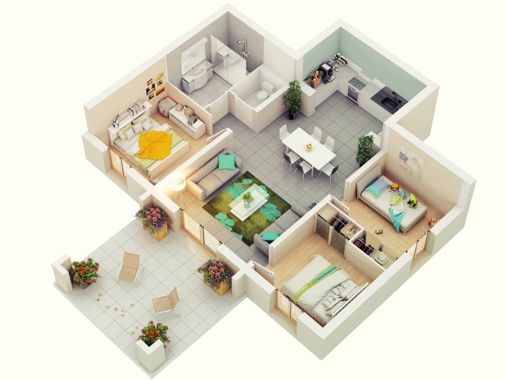 Gorgeous 3D Floor Plans | Home Design Simple House Plan With 6 Bedrooms 3D Pic