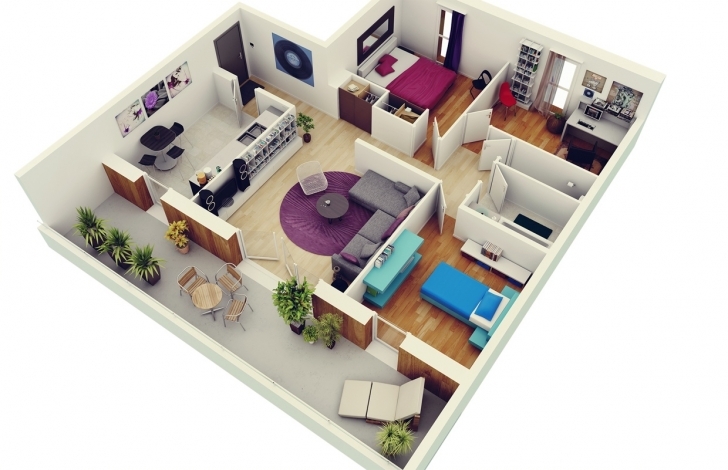 Gorgeous Free 3 Bedrooms House Design And Lay-Out 3 Bedroom Floor Plan Bungalow 3D Image