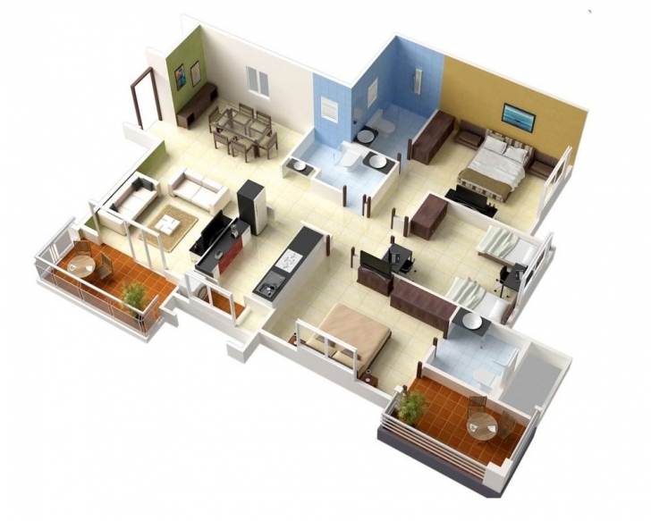 Great 20 Designs Ideas For 3D Apartment Or One-Storey Three Bedroom Floor 3D 3 Bedroom House Plans Image