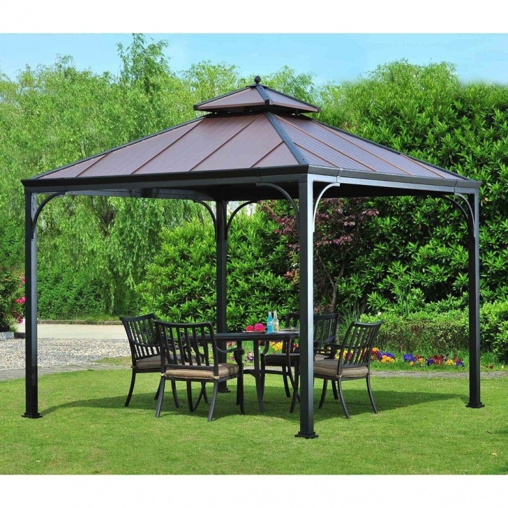 Great Hampton Bay Harper 10 Ft. X 10 Ft. Steel Hardtop Gazebo-L-Gz680Pst-M Steel Gazebo Against House Image