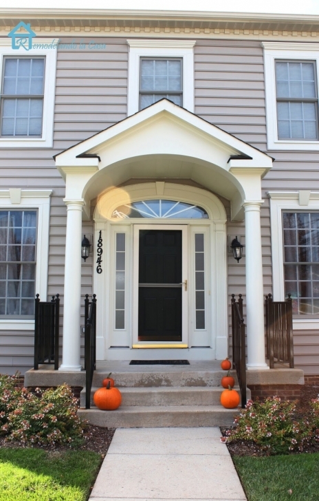 Inspiring Exterior: Astounding Small Front Porch Decoration With Round White Front House Square Pillar Designs Photo