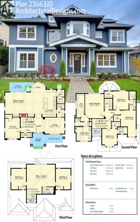 Interesting Plan 23663Jd: 6 Bedroom Beauty With Third Floor Game Room And Architectural Three Bedroom Designs On Half Plot Of Land Pic
