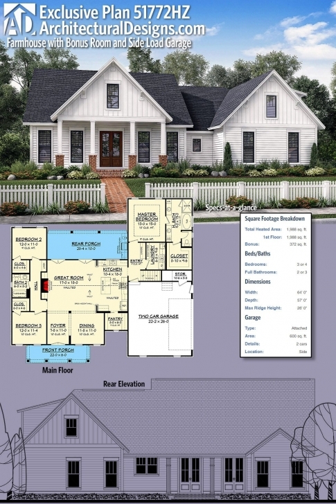 Interesting Plan 51772Hz: Exclusive Farmhouse With Bonus Room And Side Load Thornton Builders Modern Farmhouse Plan Picture
