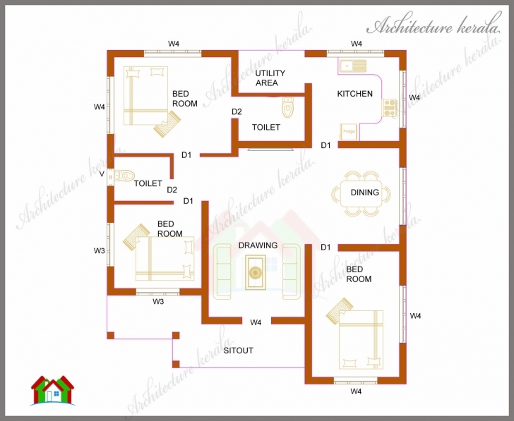 Interesting Three Bedrooms In 1200 Square Feet Kerala House Plan - Architecture Kerala House Plans With Estimate Pic