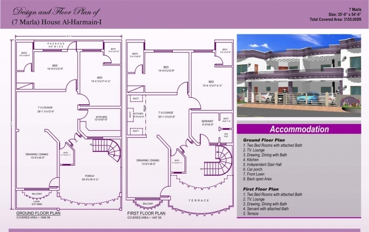 Marvelous 7 Marla House Plan Design - Autocad 2D Maps 7 Marla House Map Image