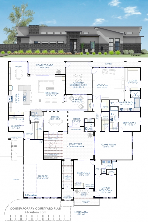 Marvelous Contemporary Courtyard House Plan | 61Custom | Modern House Plans Modern House Plans Photo