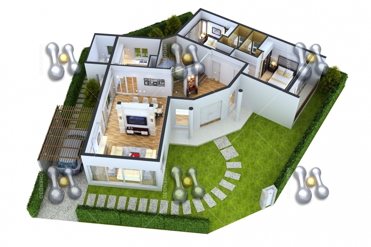 Marvelous Simple House Plan With 3 Bedrooms 3D Simple House Plan With 2 | Home Simple House 3D Blueprint Image