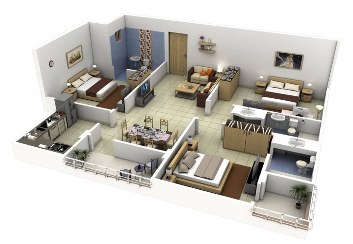 Must See 20 Plans For 3-Room Apartments With Modern 3D Designs - 3 Bedroom Flat Modern Buildings Picture