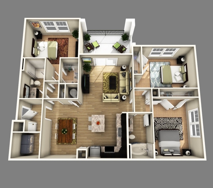 Remarkable 3D Open Floor Plan 3 Bedroom 2 Bathroom - Google Search | Floor 3D 4 Bedroom House Plans One Story Photo