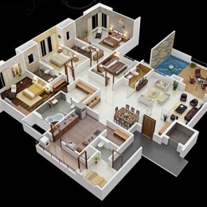 4 Bedroom House Plans Indian Style 3D