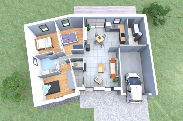 Stunning Plan 3D D'une Maison En V De Plain-Pied Avec 3 Chambres + Garage 3D House Plain Image