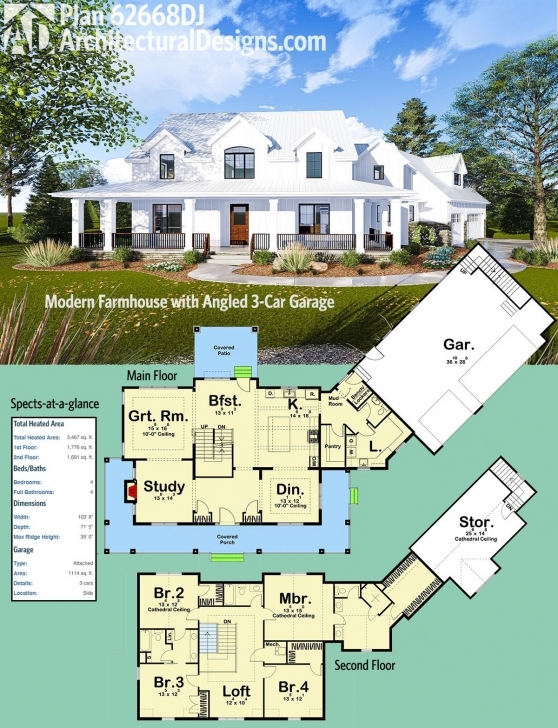 Top Plan 62668Dj: Modern Farmhouse With Angled 3-Car Garage | Farmhouse Modern Farmhouse Open Floor Plans Image