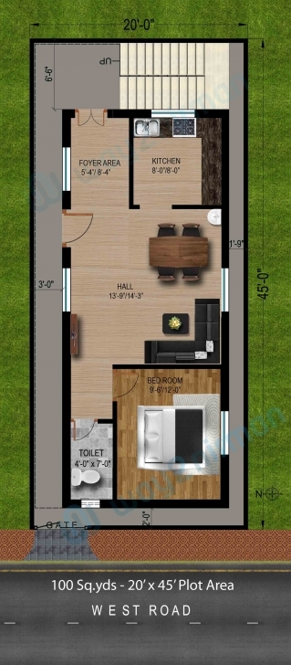 Wonderful 100-Sq.yds@20X45-Sq.ft-West-Face-House-1Bhk-Floor-Plan | Ideas Gallery Elevation Design Size 13Ft Pic